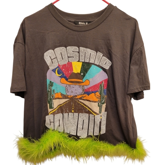 Blue B. Collection Cosmic Cowgirl Feather Boa Hem Gray Lime Green Tee Size Large - Picture 1 of 9